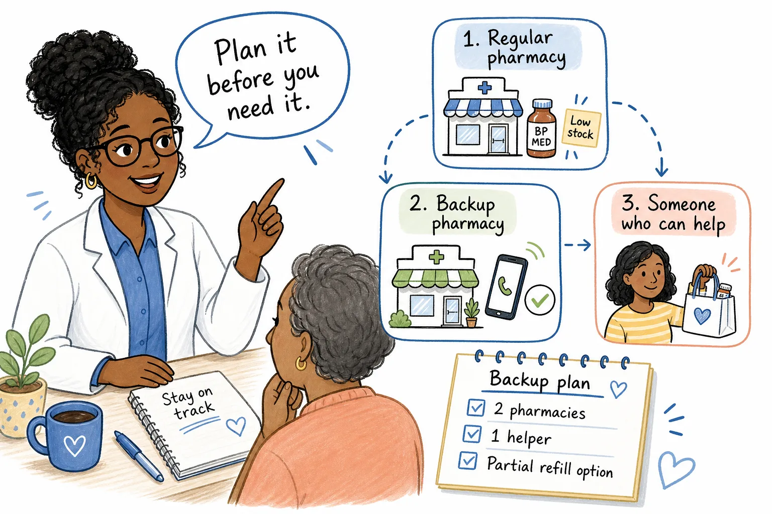Care specialist helping a patient create a backup pharmacy plan for blood pressure medication refills