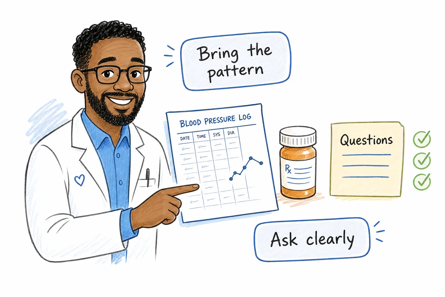 Care Specialist helping a patient prepare blood pressure readings, medicines, and questions for a doctor appointment