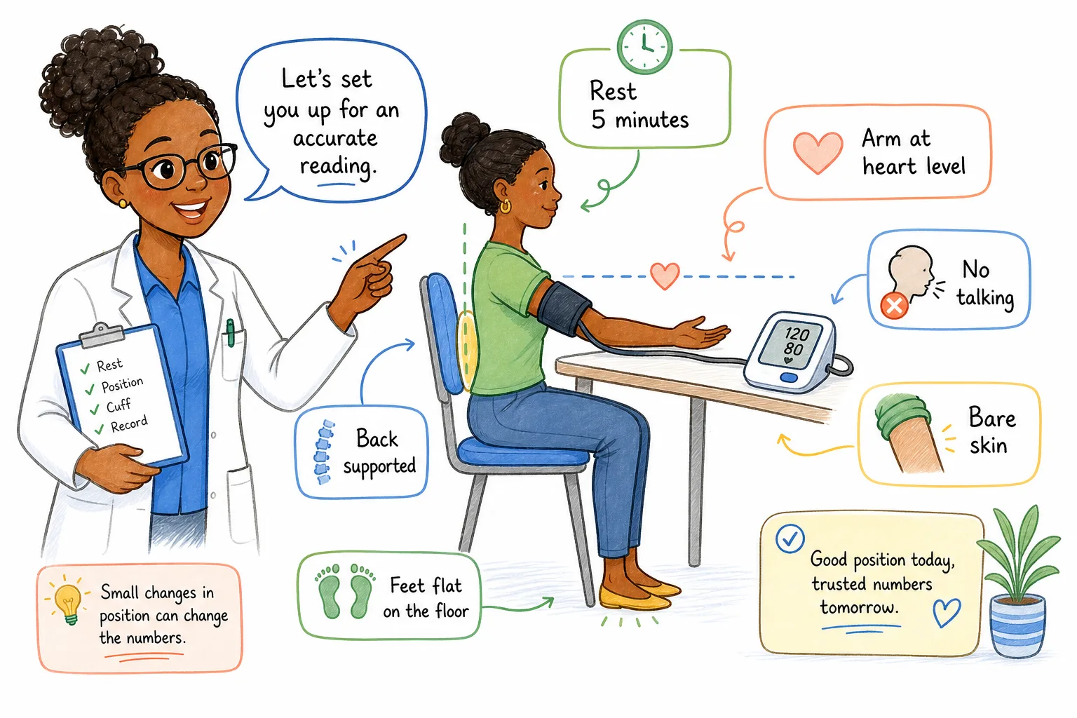 Female pharmacist explaining correct blood pressure checking posture with feet flat, back supported, arm at heart level, no talking, and cuff on bare skin