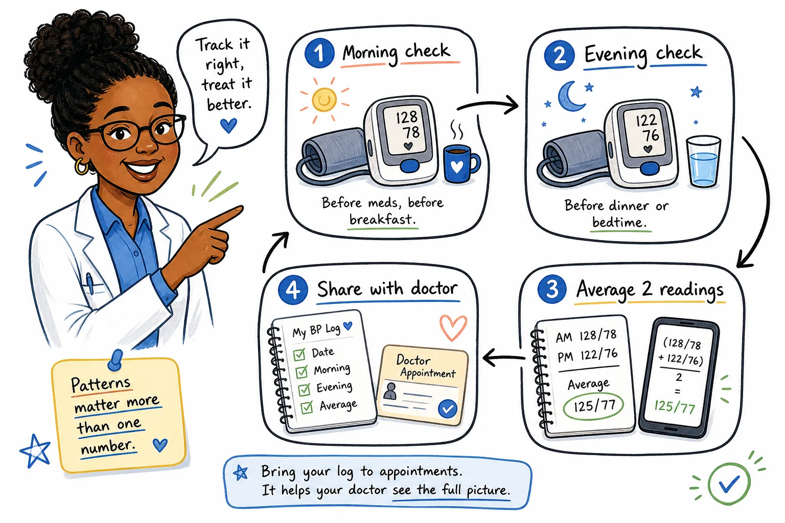 Female pharmacist explaining a blood pressure log routine with morning checks, evening checks, averaged readings, and sharing the log with a doctor