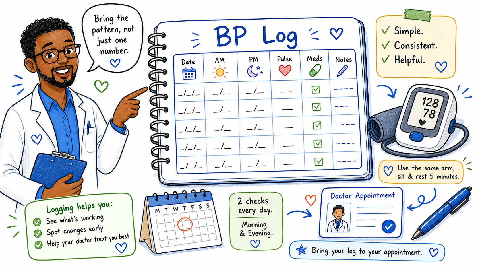A Care Specialist pointing to a simple BP log, a home blood pressure monitor, and notes for a doctor appointment