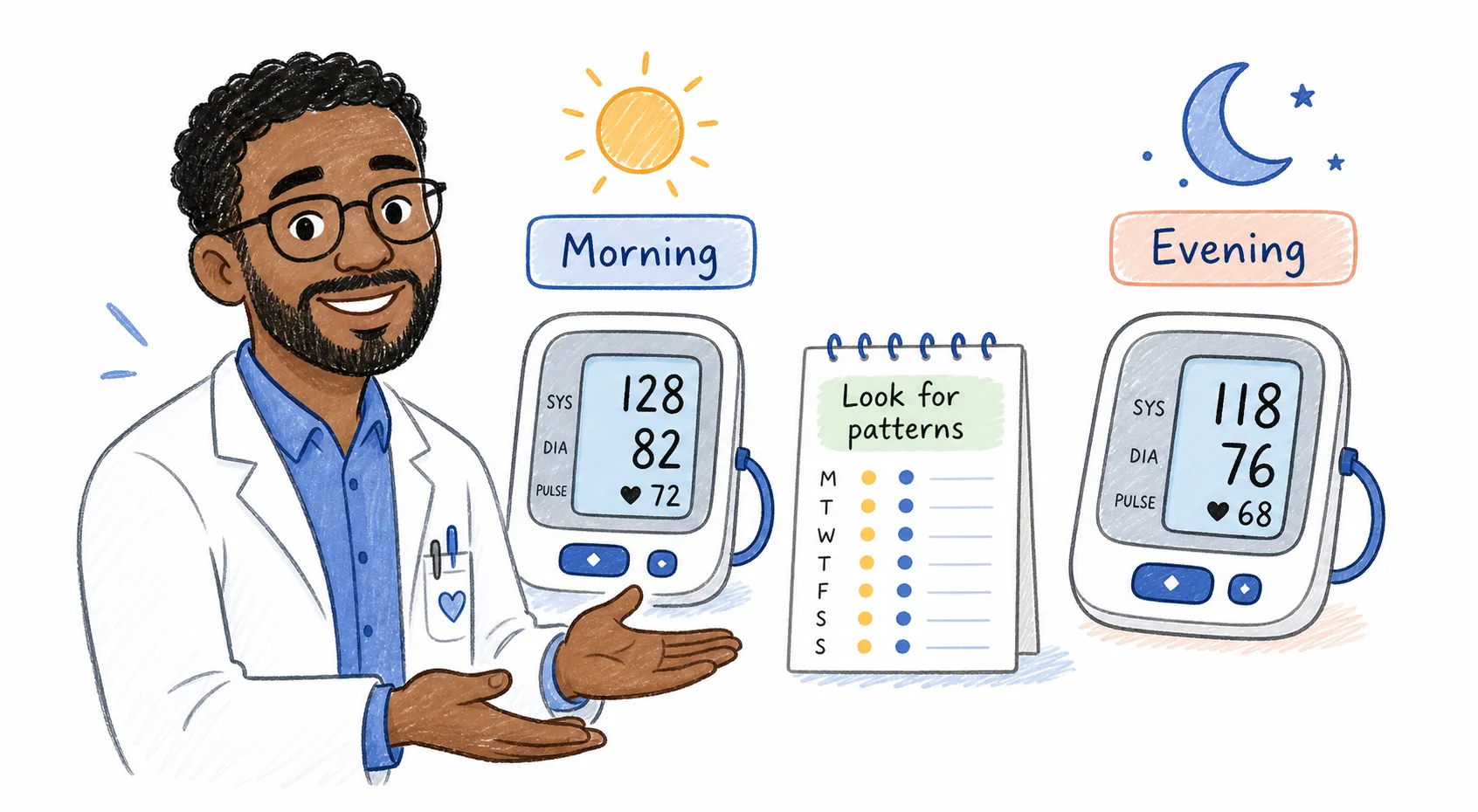 Care Specialist explaining morning and evening blood pressure readings with a simple 7-day pattern log