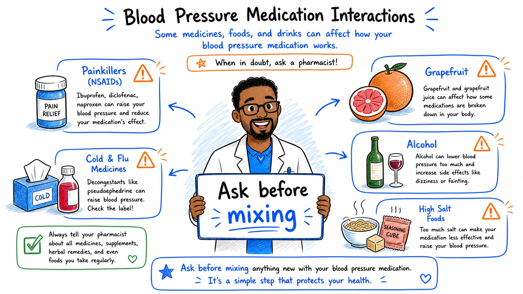 Pharmacist holding an ask before mixing sign with common blood pressure medication interaction icons