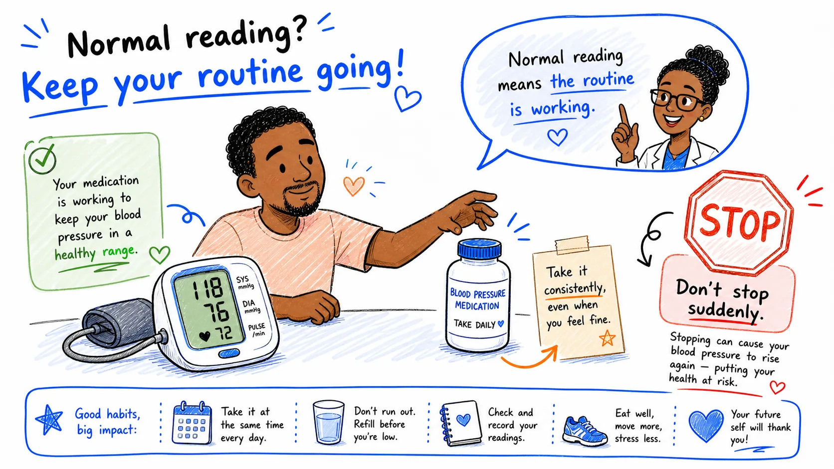 Normal blood pressure reading showing that the medication routine is working and shouldn't be stopped suddenly
