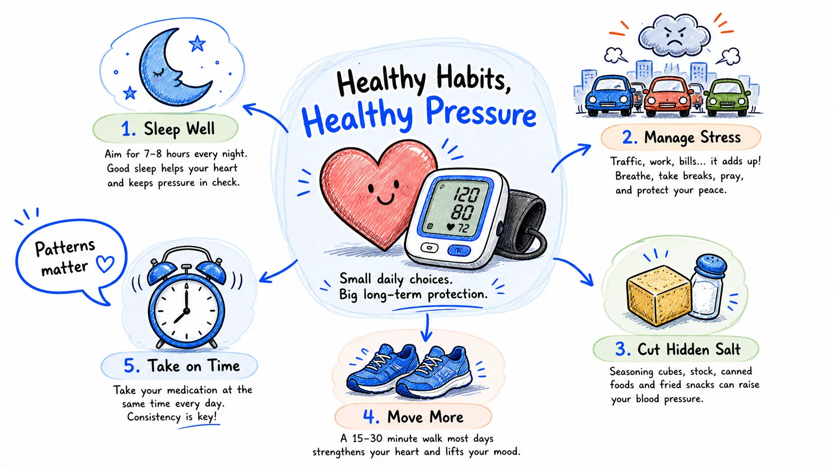 Wellness map connecting blood pressure with stress, sleep, salt, movement, and medication timing