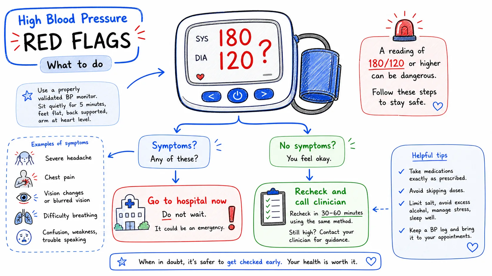 Decision guide for blood pressure red flags and when to go to the hospital